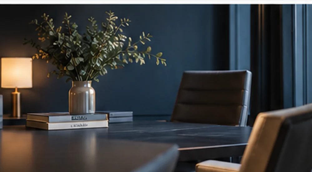 A calm, private meeting room with dark navy interiors